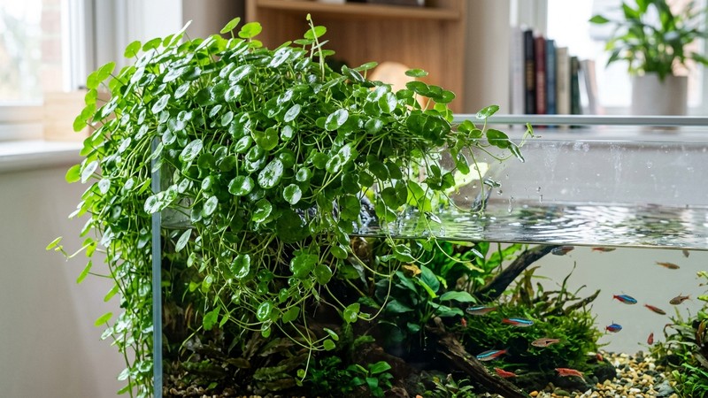 una Hydrocotyle emergida cayendo en cascada como una melena verde desde el borde de un acuario abierto, con hojas redondas brillantes y agua cristalina debajo
