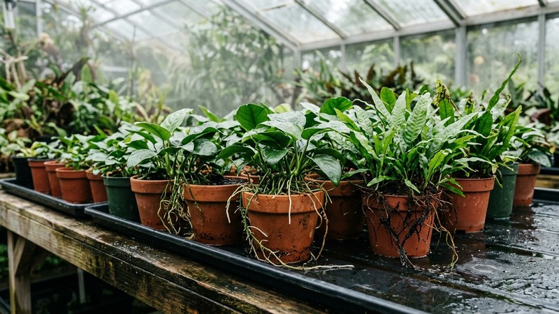 macetas de plantas acuáticas en cultivo emerso alineadas sobre una bandeja húmeda, con anubias y helechos de hojas verdes robustas y raíces visibles, bajo luz natural difusa
