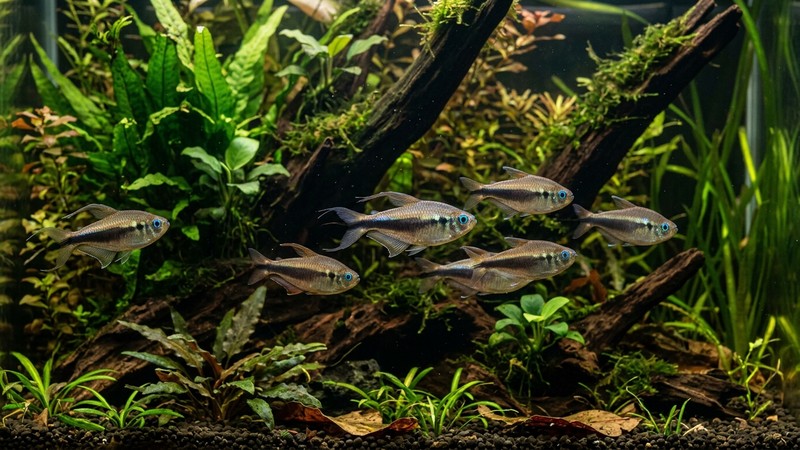 un pequeño grupo de tetras emperador nadando a media agua en un acuario plantado y sombreado, cada pez con su franja oscura iridiscente y ojos azules brillantes, aletas desarrolladas, fondo de madera y plantas, agua limpia de tono cálido