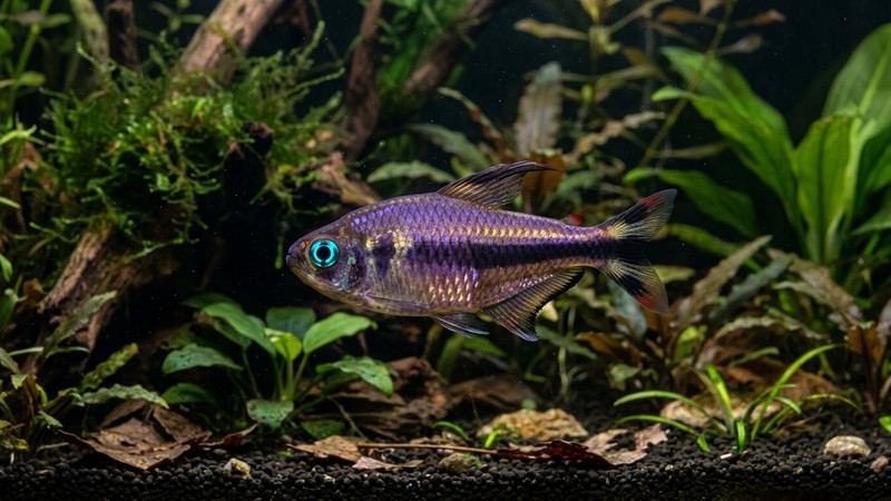 un tetra emperador en primer plano mostrando con nitidez sus reflejos violeta y dorados sobre el cuerpo y su franja oscura central, ojos de azul turquesa intenso resaltando en la penumbra de un acuario plantado, agua cristalina