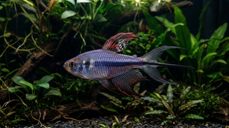 un macho de tetra emperador de perfil mostrando con claridad su aleta caudal en forma de tridente con una tercera punta central alargada y sus aletas dorsal y anal estiradas, sobre fondo oscuro de acuario plantado, agua limpia