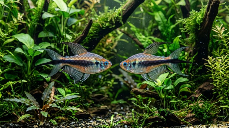 dos tetras emperador enfrentados exhibiéndose entre plantas de un acuario, con las aletas desplegadas en pose de exhibición sin contacto, franjas oscuras iridiscentes y ojos azules, zona plantada frondosa detrás