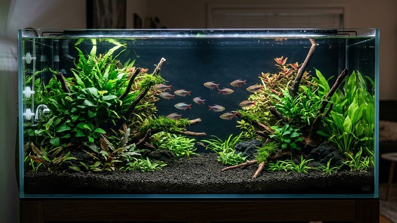 un acuario bien montado con zonas densamente plantadas en los laterales y el fondo y una zona central abierta para nadar, sustrato oscuro, madera y luz tenue tamizada, varios tetras emperador repartidos, agua cristalina