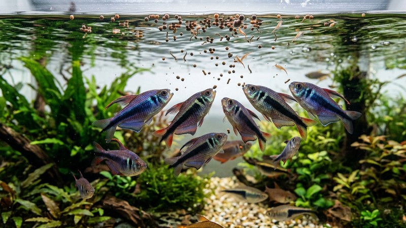 pequeñas presas de alimento para peces flotando cerca de la superficie de un acuario, larvas de mosquito y artemia diminutas, con tetras emperador acercándose desde abajo a media agua para alimentarse, colores vivos y realistas