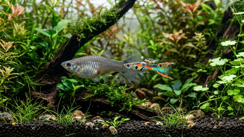 un guppy endler macho minusculo y muy colorido junto a una hembra gris claramente mas grande y apagada en un acuario plantado