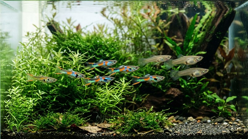 un pequeno banco de guppy endler de aspecto silvestre nadando entre plantas verdes finas en un acuario cristalino iluminado por luz natural