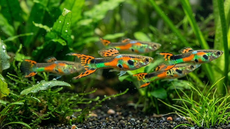 un primer plano de guppy endler machos multicolores con reflejos naranja, verde esmeralda y negro metalico sobre un fondo de plantas verdes