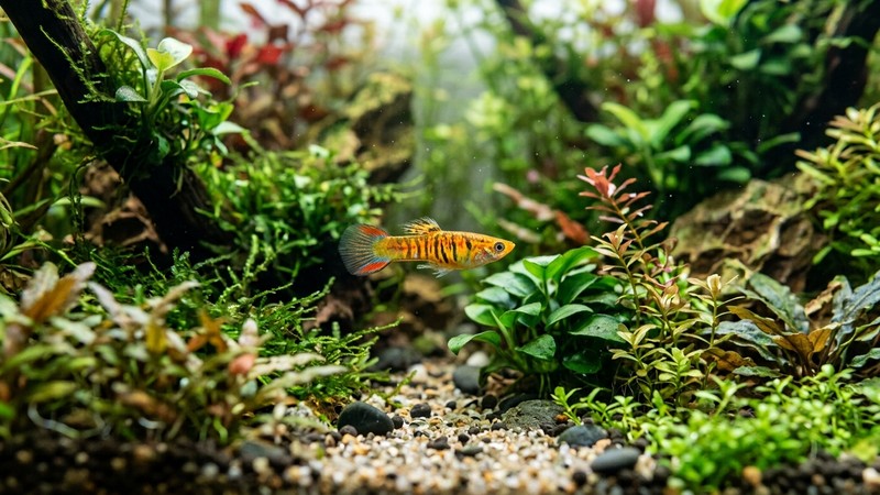 un guppy endler macho de patron atigrado con rayas verticales oscuras nadando en primer plano entre plantas acuaticas