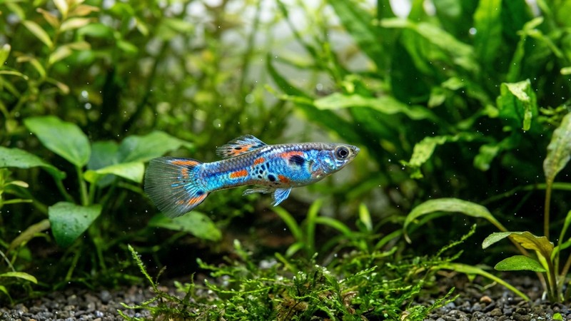 un guppy endler macho de color azul metalico con la cola pequena y discreta en primer plano sobre un fondo de plantas verdes