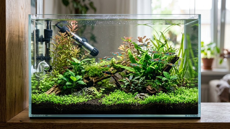 un nano acuario plantado pequeno y limpio con varios guppy endler de colores neon entre plantas verdes frondosas y un calentador