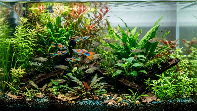 guppy endler de colores neon nadando activos y sanos en un acuario templado, cristalino y muy bien plantado