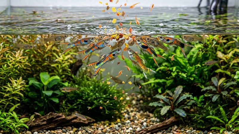 guppy endler de colores vivos comiendo pequenas escamas y artemia que caen sobre la superficie del agua en un acuario plantado