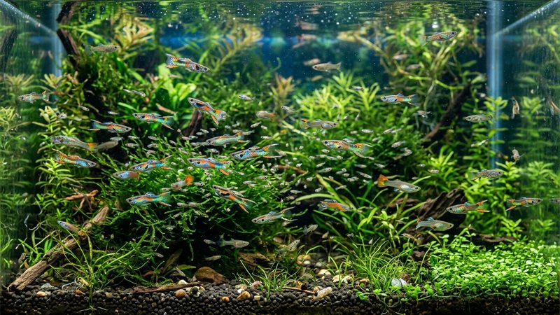 un enjambre numeroso de guppy endler de colores neon, adultos y crias diminutas, moviendose entre musgo y plantas finas en un acuario