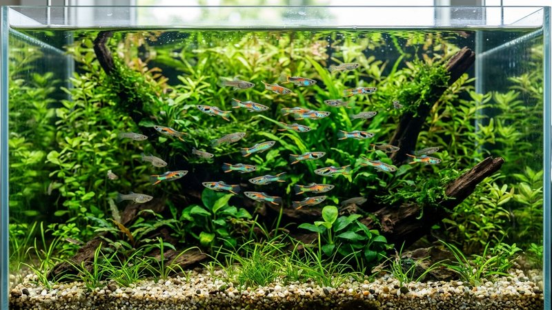 un acuario de especie unica lleno de guppy endler de colores neon nadando entre un denso fondo plantado verde y agua cristalina