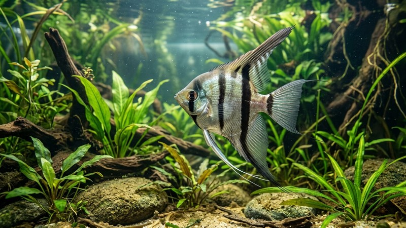 un pez escalar salvaje plateado con cuatro barras verticales negras bien marcadas mostrando su patrón, en agua clara entre plantas