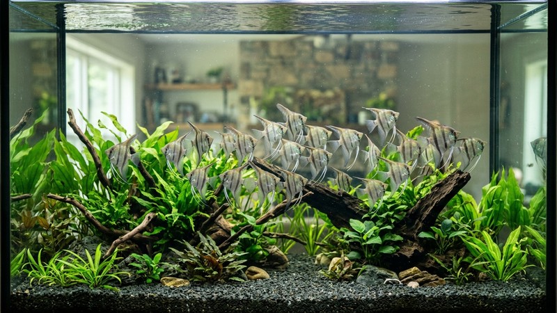 un grupo numeroso de peces escalar nadando juntos con calma en un acuario alto y espacioso