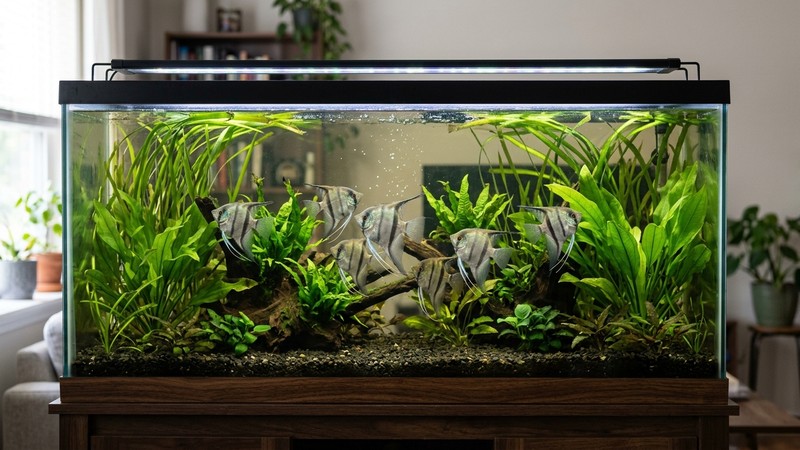 un acuario alto y grande, de más de un metro de largo, con un grupo de escalares sanos y zonas de plantas altas