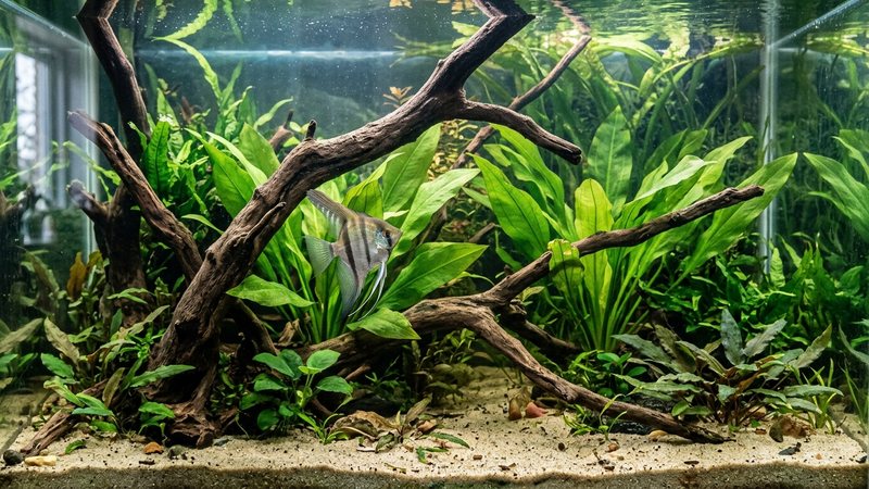 un acuario plantado con maderas de rama gruesa, sustrato de arena y plantas de hoja ancha tipo espada donde nada un escalar