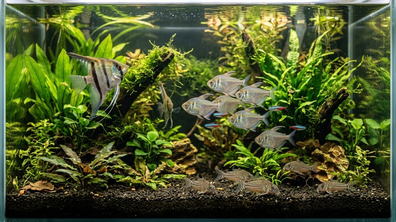 un acuario comunitario cálido con peces escalar conviviendo con corydoras y tetras de cuerpo alto entre plantas