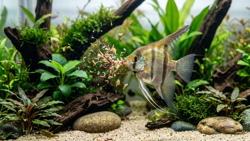 un pez escalar comiendo alimento congelado como artemia y larva roja en un acuario limpio y bien mantenido