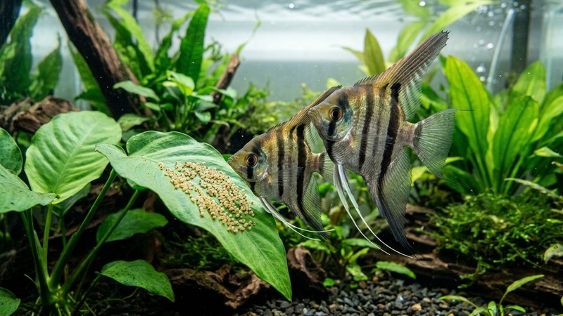 una pareja de peces escalar cuidando su puesta de huevos adherida a una hoja ancha de planta en un acuario limpio