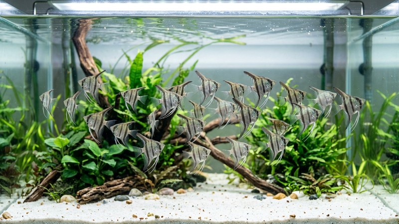 un grupo de pequeños peces escalar juveniles creciendo juntos en un acuario de engorde limpio y bien iluminado
