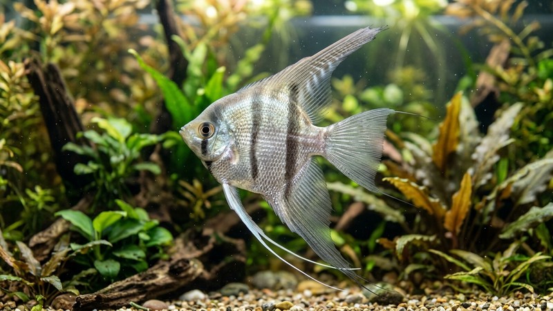 un pez escalar adulto en primer plano de perfil, con sus largas aletas ventrales y dorsales bien extendidas, escamas nítidas y detalladas, sobre un fondo suave de acuario plantado desenfocado