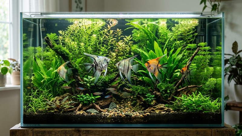 un acuario alto y bien plantado con varios peces escalares nadando entre plantas verdes de tallo, agua perfectamente cristalina y luz suave que atraviesa el agua