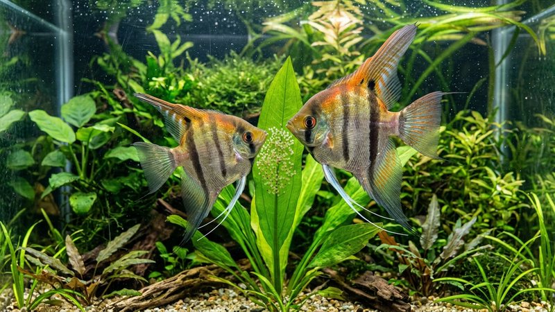 una pareja de escalares custodiando de cerca una superficie de puesta en una hoja verde, ambos peces atentos y protectores, acuario plantado sano de agua clara