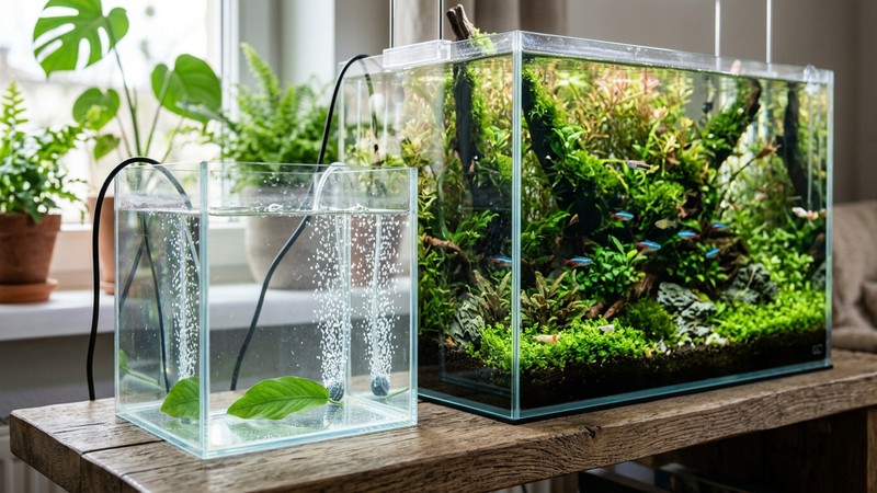 un pequeño recipiente de cría de vidrio con pocos litros de agua limpia, una hoja verde apoyada en el fondo y finas burbujas de aire subiendo, colocado junto a un acuario plantado cristalino