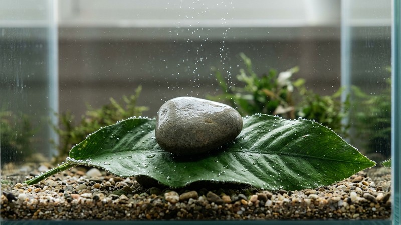 una hoja verde ancha fijada en el fondo por una piedra lisa dentro de un recipiente de cría con agua transparente, pequeñas burbujas alrededor y fondo neutro