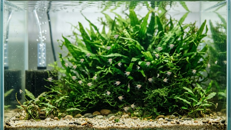 un pequeño grupo de alevines de escalar nadando libres y dispersos en agua cristalina dentro de un acuario de cría sencillo con una planta verde al fondo