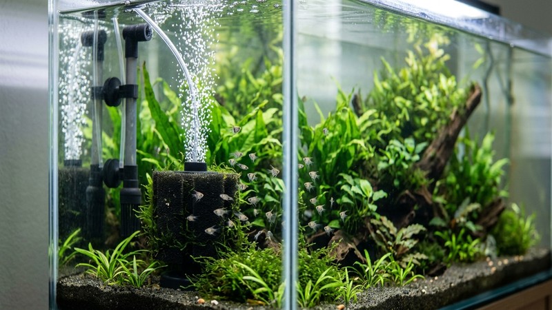 un filtro de esponja funcionando en la esquina de un acuario de cría plantado, con finas burbujas subiendo, agua transparente y pequeños alevines de escalar nadando cerca