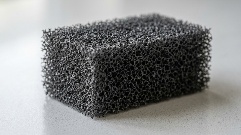 un primer plano de la textura porosa de una esponja de filtro de acuario en reposo sobre una superficie limpia