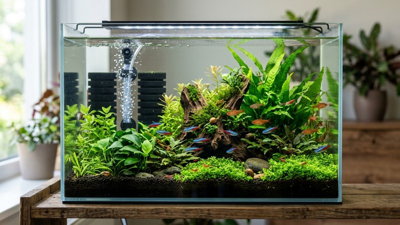 un acuario pequeño y sano de agua totalmente cristalina con plantas verdes y un filtro de esponja al fondo