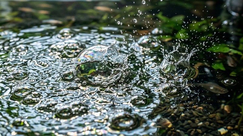 un primer plano de burbujas rompiendo en la superficie del agua de un acuario, con reflejos de luz natural