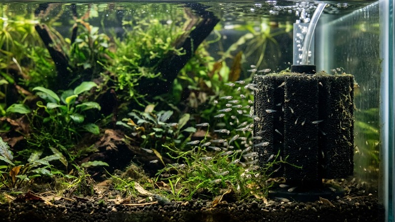 diminutos alevines de pez nadando cerca de un filtro de esponja dentro de un acuario de cría plantado