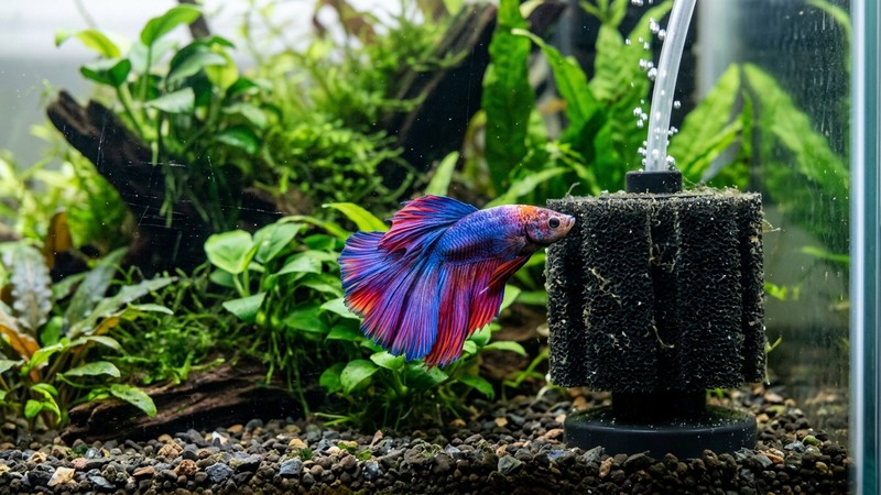un betta de aletas largas y colores vivos descansando tranquilo junto a un filtro de esponja en un acuario de agua quieta