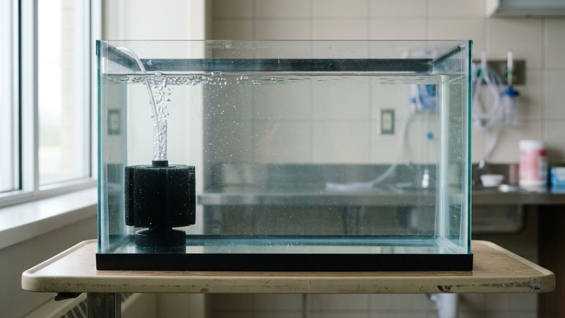 un acuario hospital sencillo y desnudo, con agua clara y un filtro de esponja como único equipo