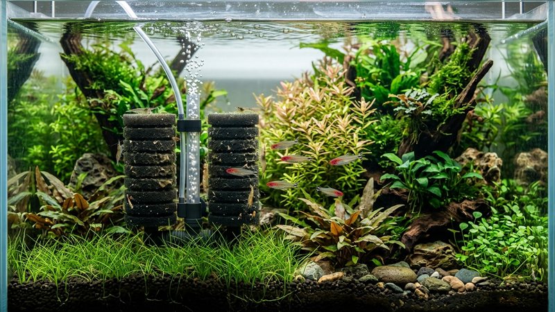 un filtro de esponja madurando dentro de un acuario plantado ya establecido, con agua cristalina y plantas frondosas