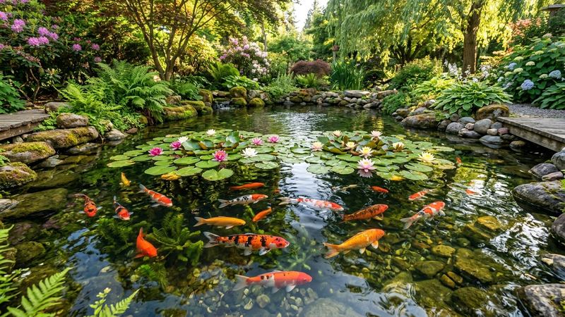 un precioso estanque de jardín con carpas koi y goldfish de colores nadando en agua cristalina entre nenúfares