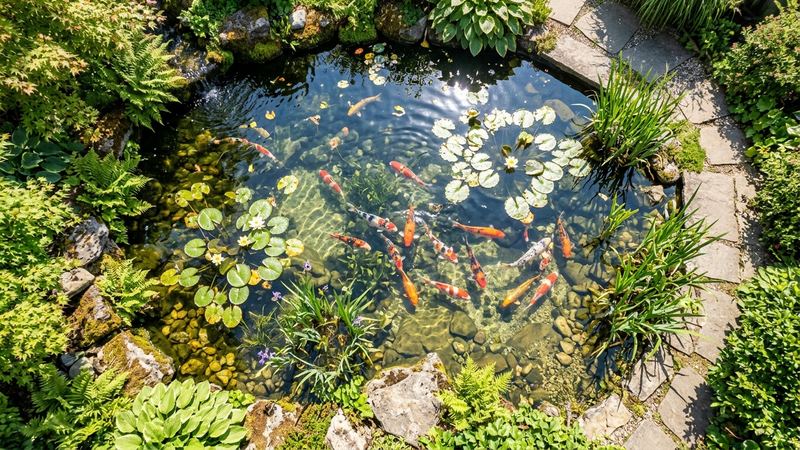 un estanque de jardín visto desde arriba, con la luz del sol brillando sobre el agua clara y peces de colores