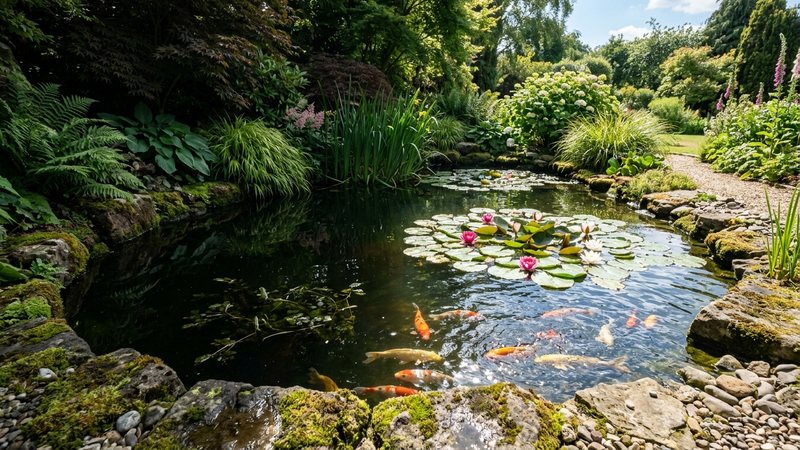 un estanque de jardín con sol parcial, la mitad iluminada y la otra con sombra suave de plantas de orilla