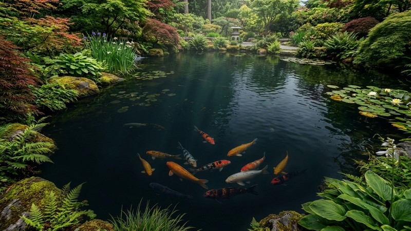 un estanque de jardín grande y profundo con carpas koi nadando cerca del fondo