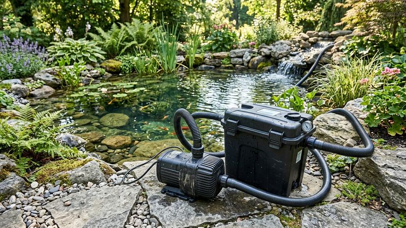 un filtro de estanque y una bomba de agua en reposo junto a un estanque de jardín cristalino