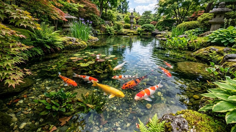 un estanque de jardín de agua transparente y cristalina con carpas koi perfectamente visibles