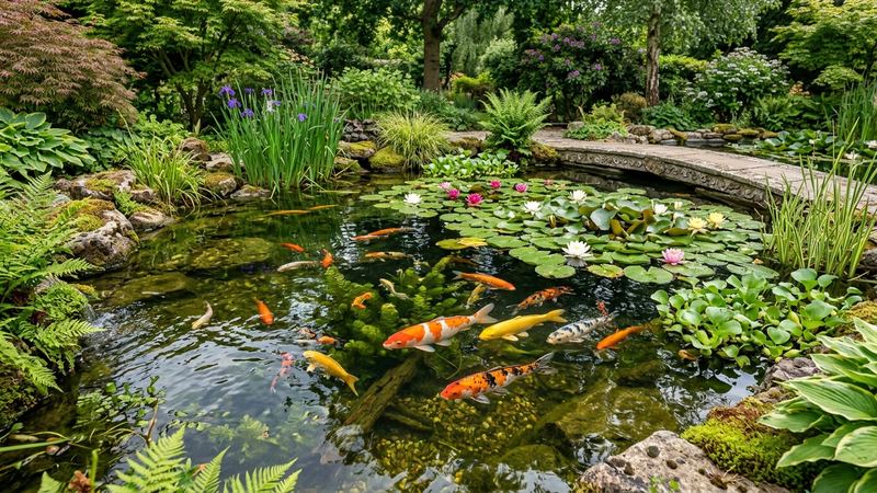 un estanque de jardín ya establecido y equilibrado, con plantas acuáticas sanas y peces de colores