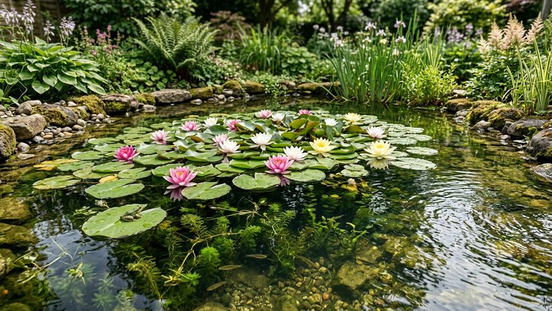un estanque de jardín lleno de nenúfares y plantas oxigenadoras frondosas, con agua muy clara