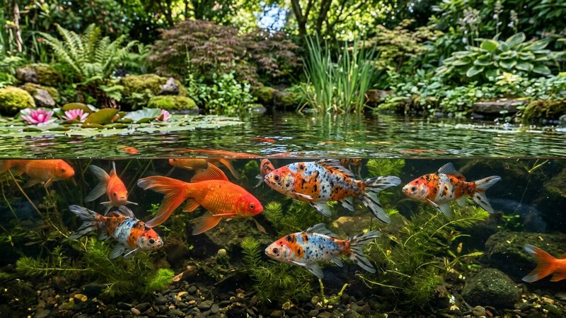 varios goldfish cometa y shubunkin de colores vivos nadando en un estanque de jardín