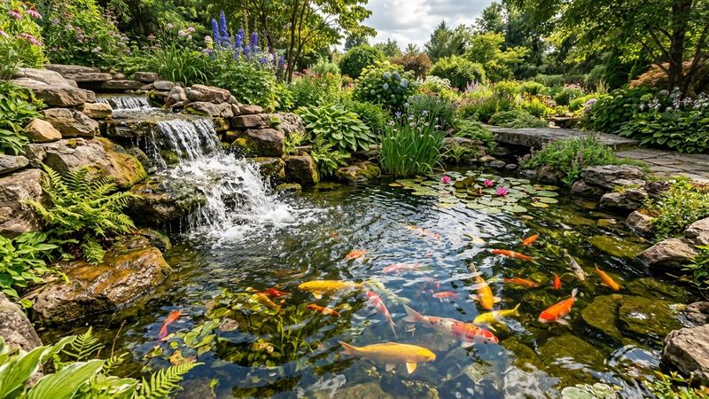 un estanque de jardín en verano con una pequeña cascada moviendo el agua y peces de colores bajo el sol